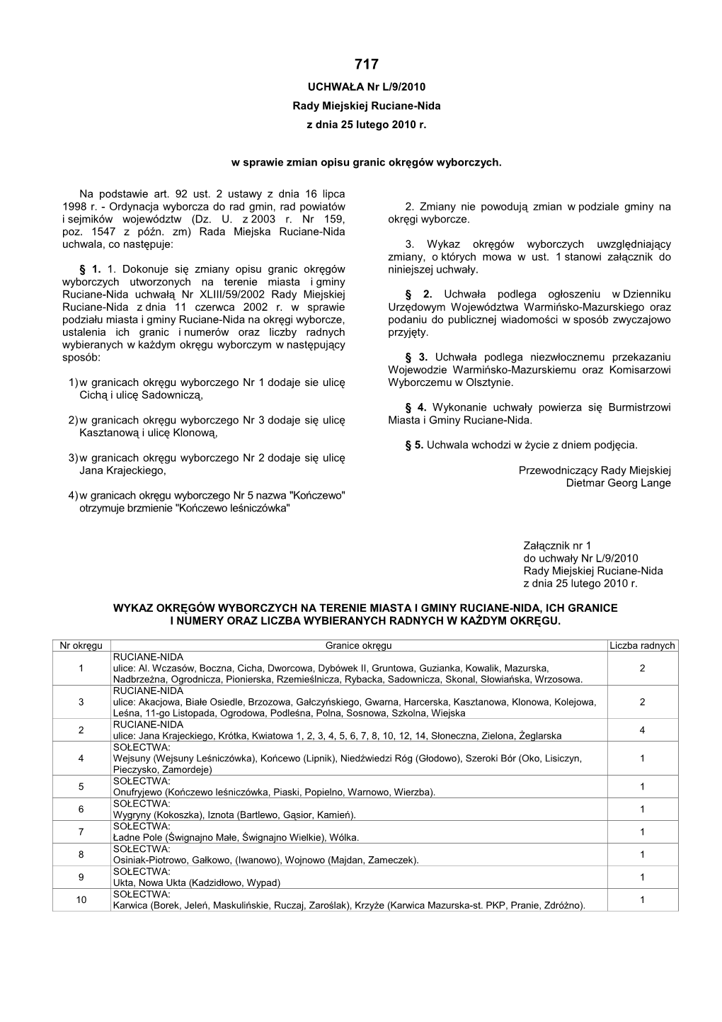 UCHWAŁA Nr L/9/2010 Rady Miejskiej Ruciane-Nida Z Dnia 25 Lutego 2010 R