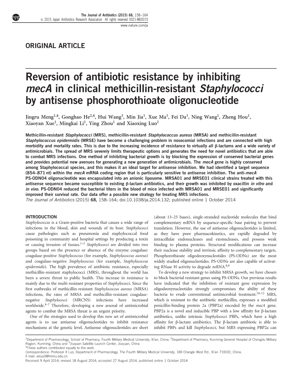 Reversion of Antibiotic Resistance by Inhibiting Meca in Clinical Methicillin-Resistant Staphylococci by Antisense Phosphorothioate Oligonucleotide