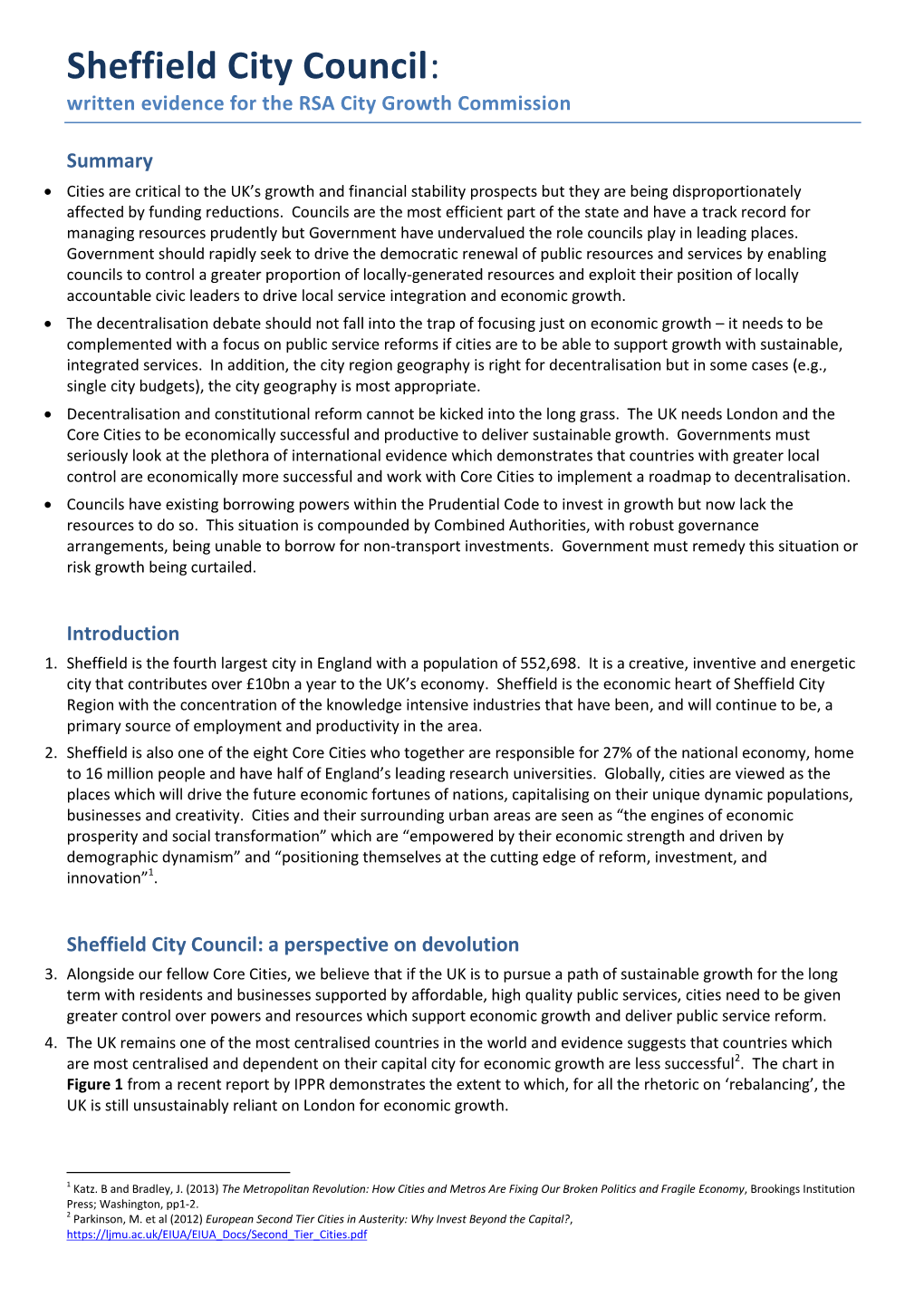 Sheffield City Council: Written Evidence for the RSA City Growth Commission