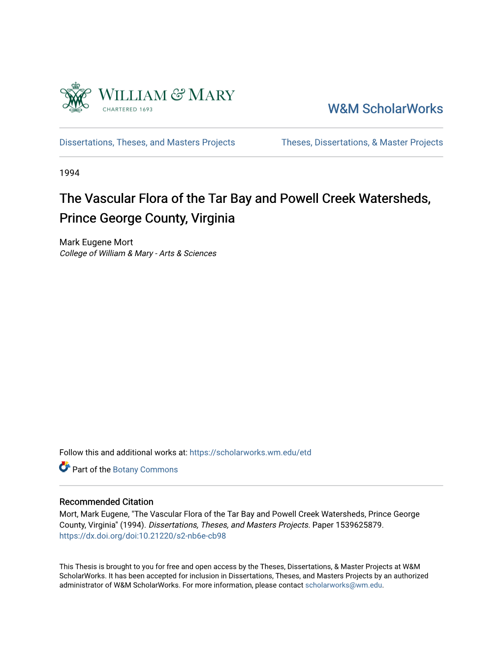 The Vascular Flora of the Tar Bay and Powell Creek Watersheds, Prince George County, Virginia