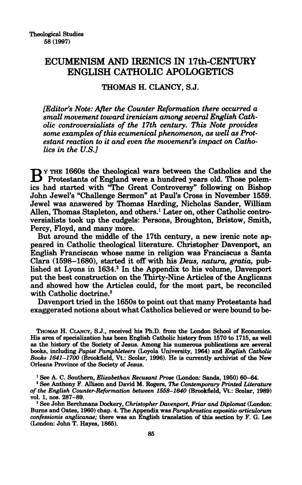 ECUMENISM and IRENICS in 17Th-CENTURY ENGLISH CATHOLIC APOLOGETICS THOMAS H
