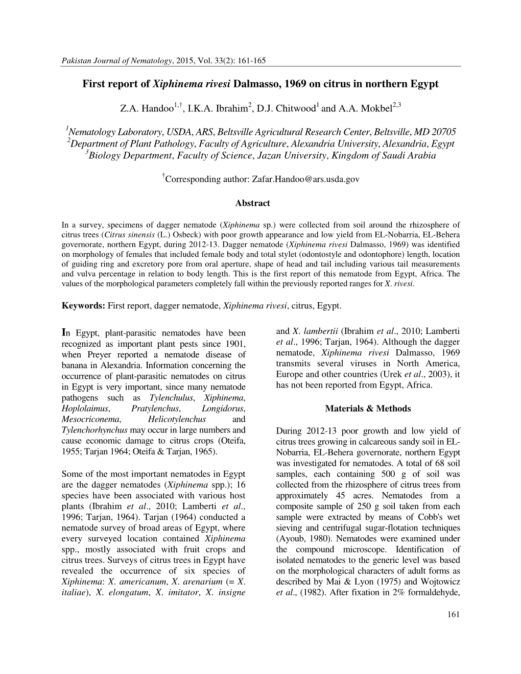 First Report of Xiphinema Rivesi Dalmasso, 1969 on Citrus in Northern Egypt