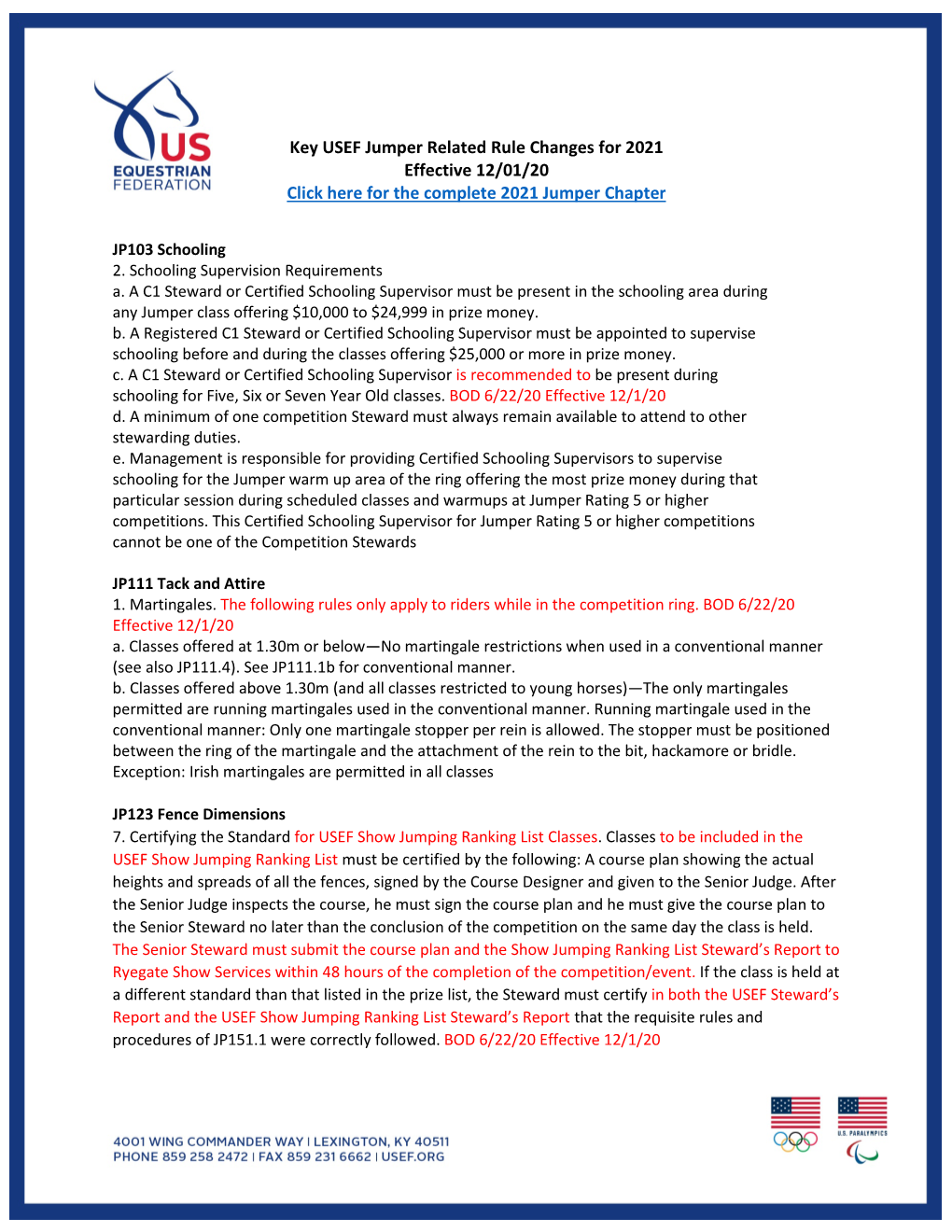Key USEF Jumper Related Rule Changes for 2021 Effective 12/01/20 Click Here for the Complete 2021 Jumper Chapter