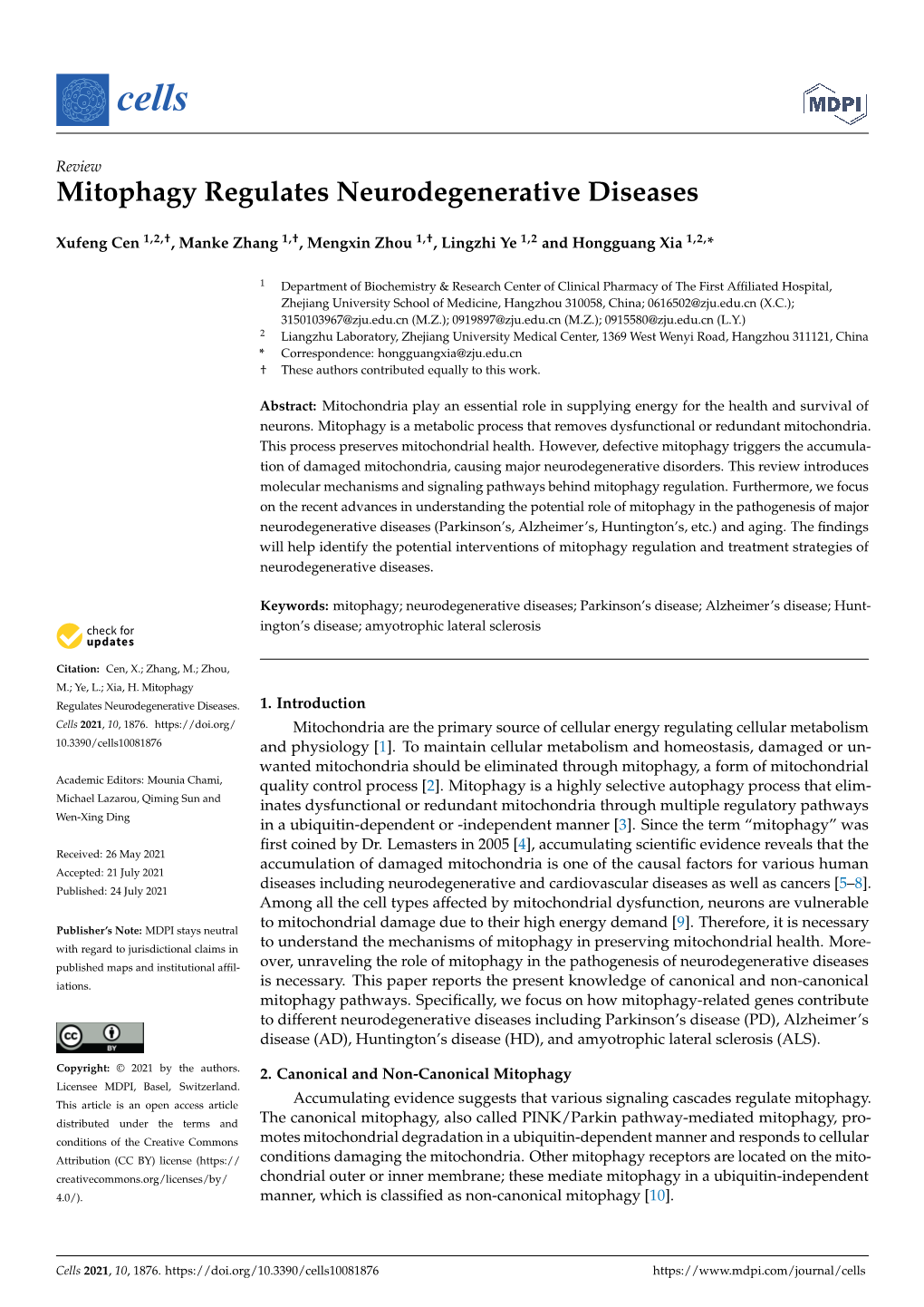 Mitophagy Regulates Neurodegenerative Diseases