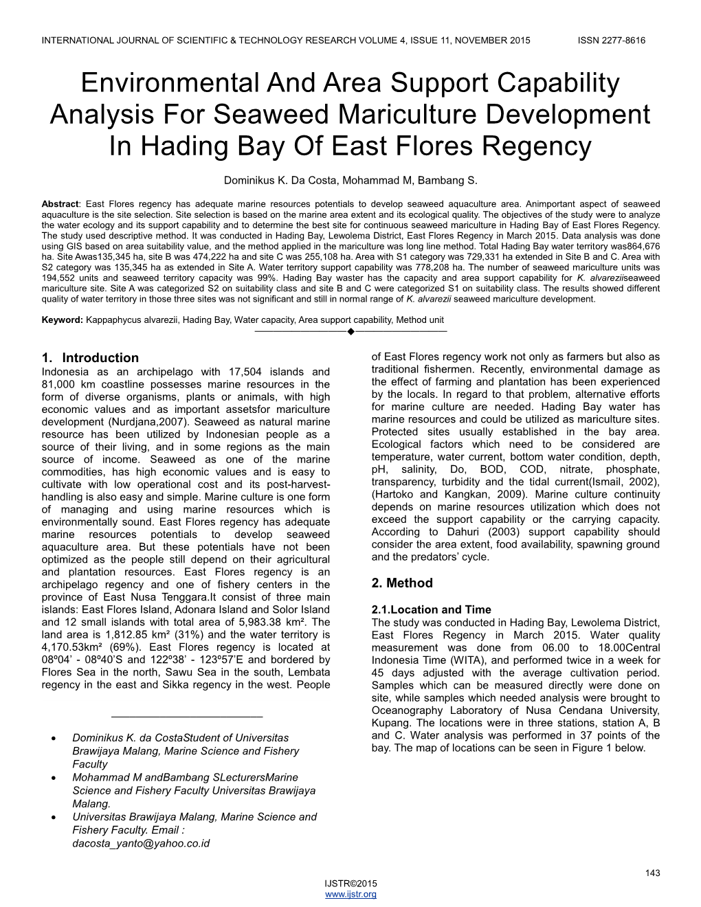 Environmental and Area Support Capability Analysis for Seaweed Mariculture Development in Hading Bay of East Flores Regency