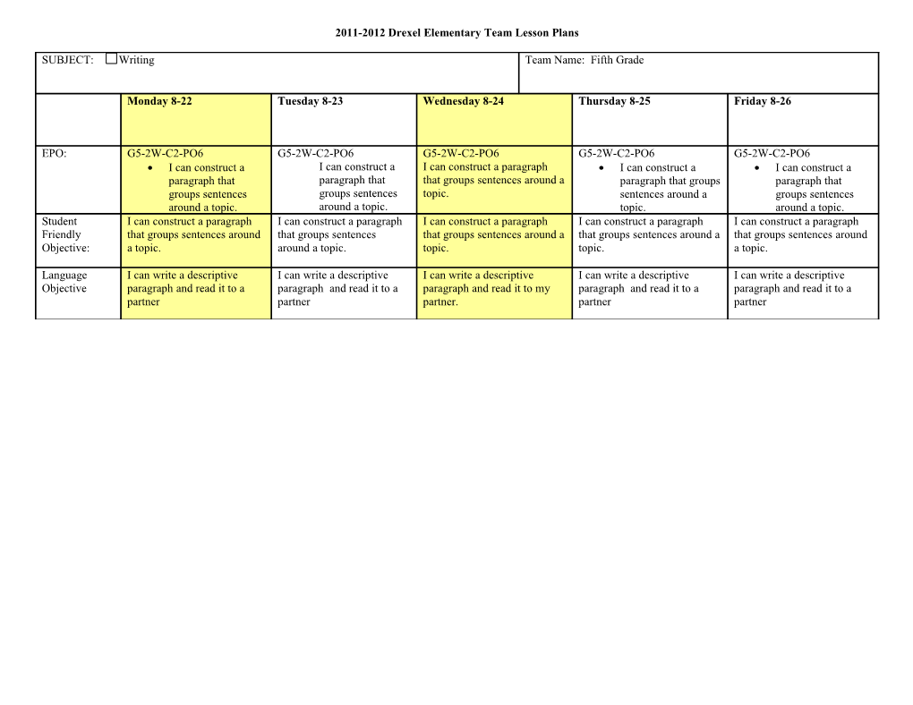 Drexel Elementary Team Lesson Plans