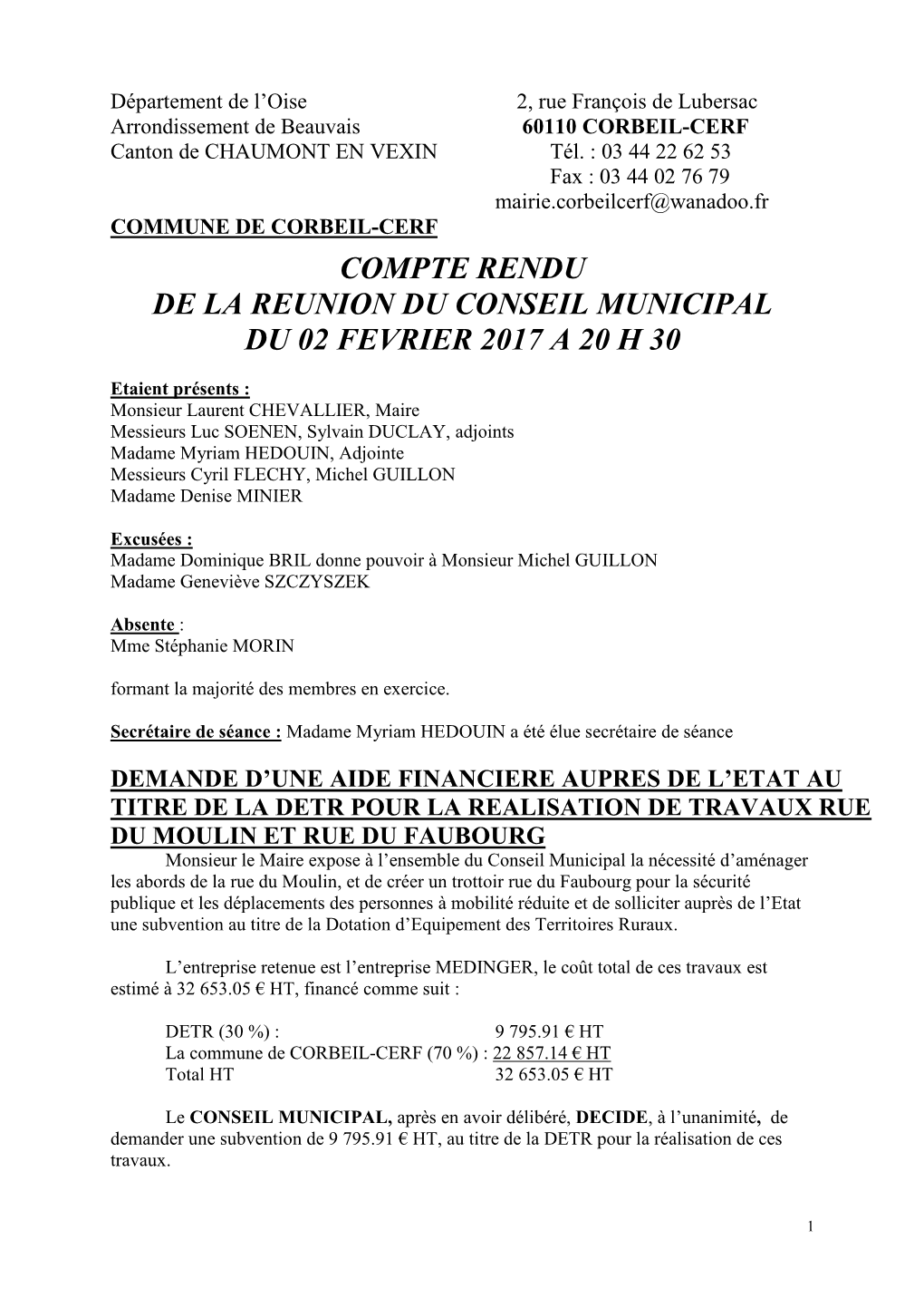 Compte Rendu De La Reunion Du Conseil Municipal Du 02 Fevrier 2017 a 20 H 30