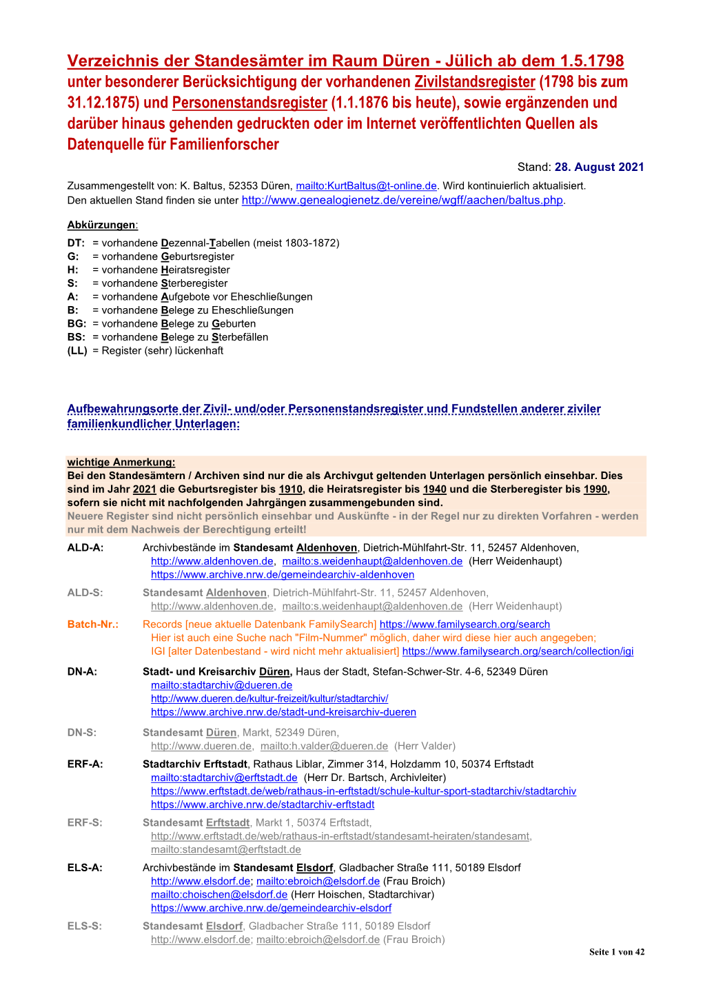 Verzeichnis Der Standesämter Im Raum Düren