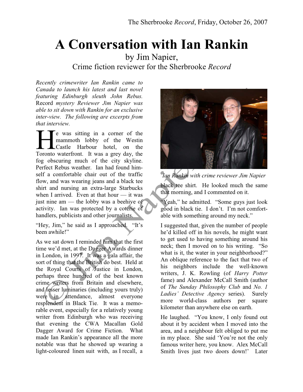 A Conversation with Ian Rankin by Jim Napier, Crime Fiction Reviewer for the Sherbrooke Record