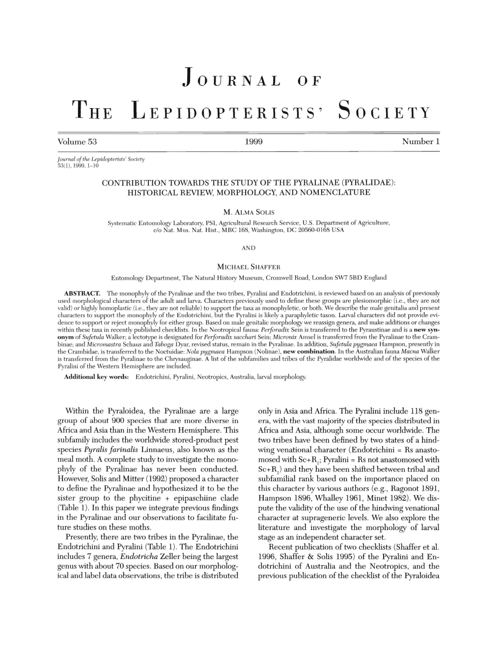 Pyralidae): Historical Review, Morphology, and Nomenclature