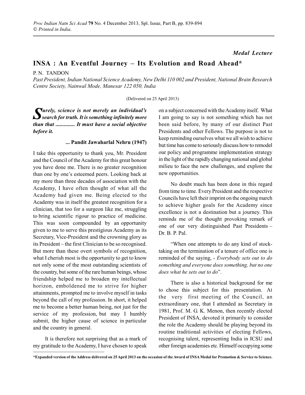 INSA : an Eventful Journey – Its Evolution and Road Ahead* P