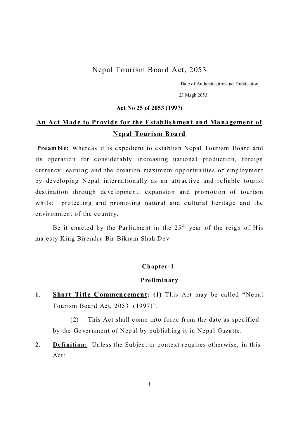 Nepal Tourism Board Act, 2053 (1997)”