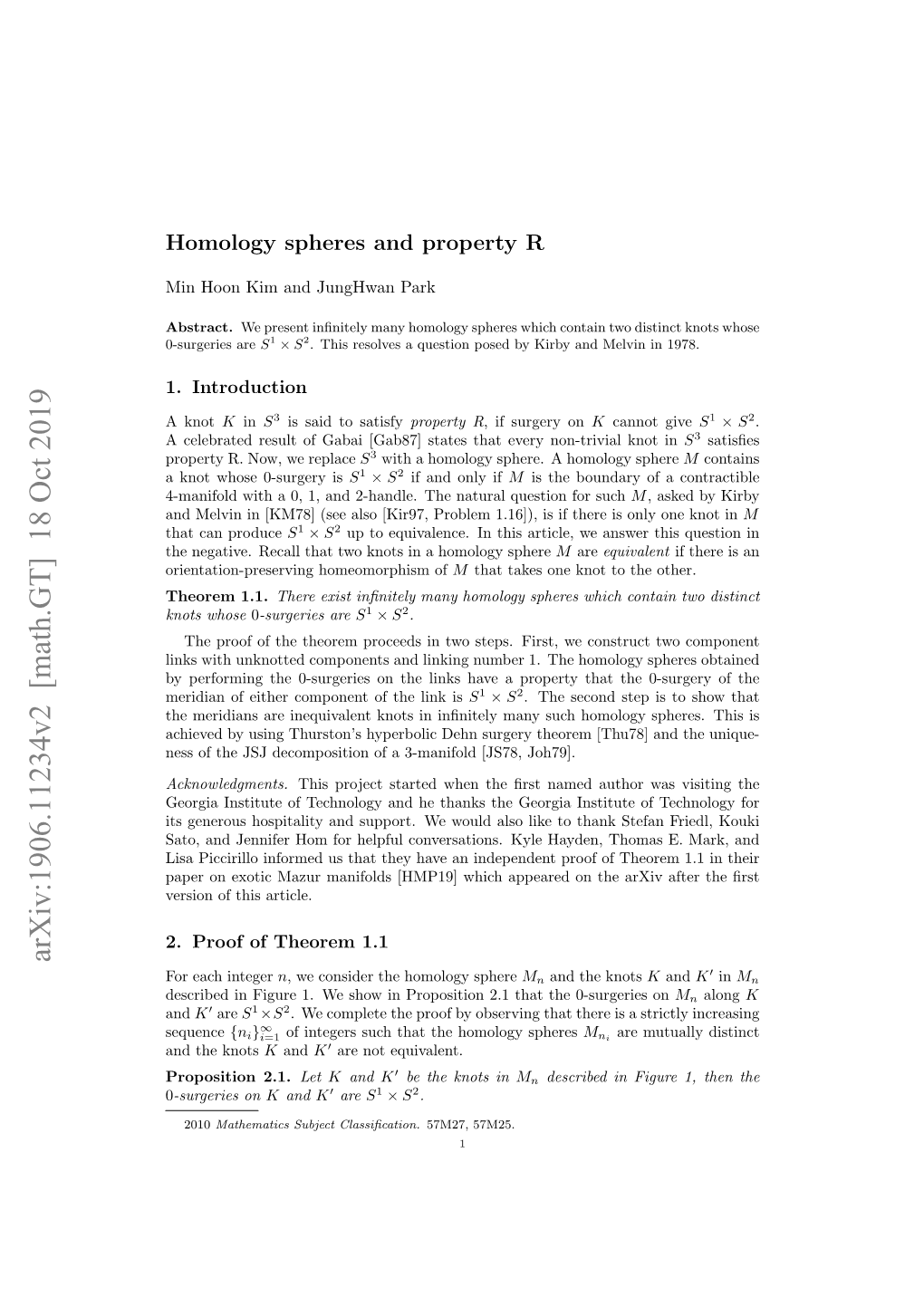 Homology Spheres and Property R