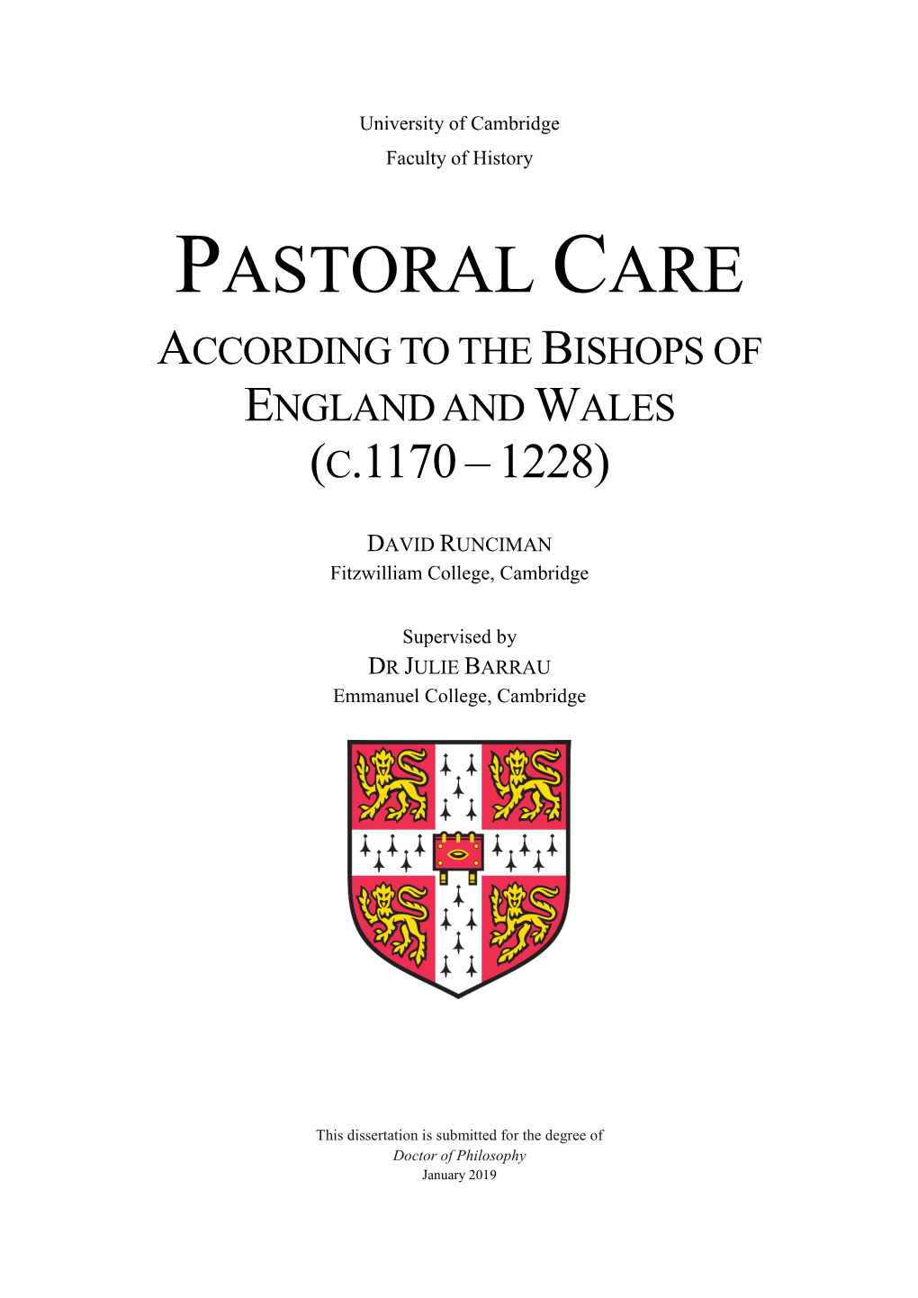 Pastoral Care According to the Bishops of England and Wales (C.1170 – 1228)