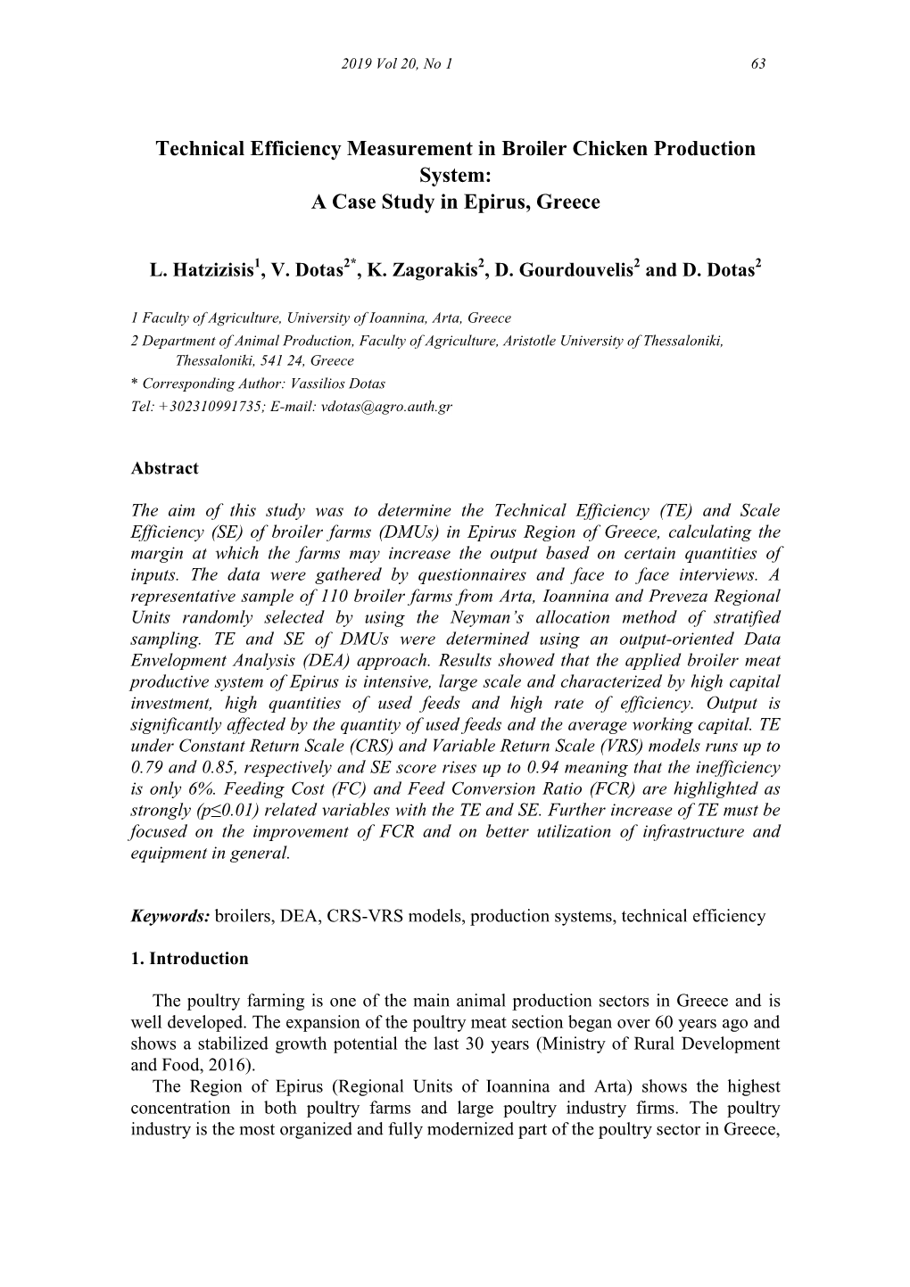 Technical Efficiency Measurement in Broiler Chicken Production System: a Case Study in Epirus, Greece