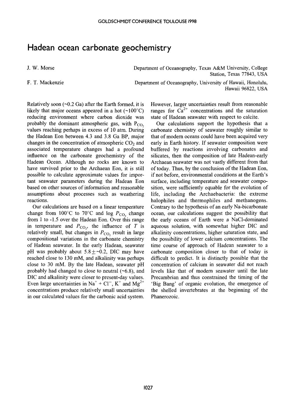 Hadean Ocean Carbonate Geochemistry