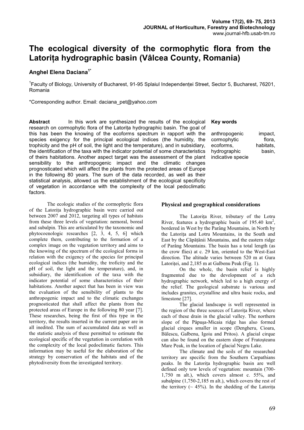 The Ecological Diversity of the Cormophytic Flora from the Latoriţa Hydrographic Basin (Vâlcea County, Romania)