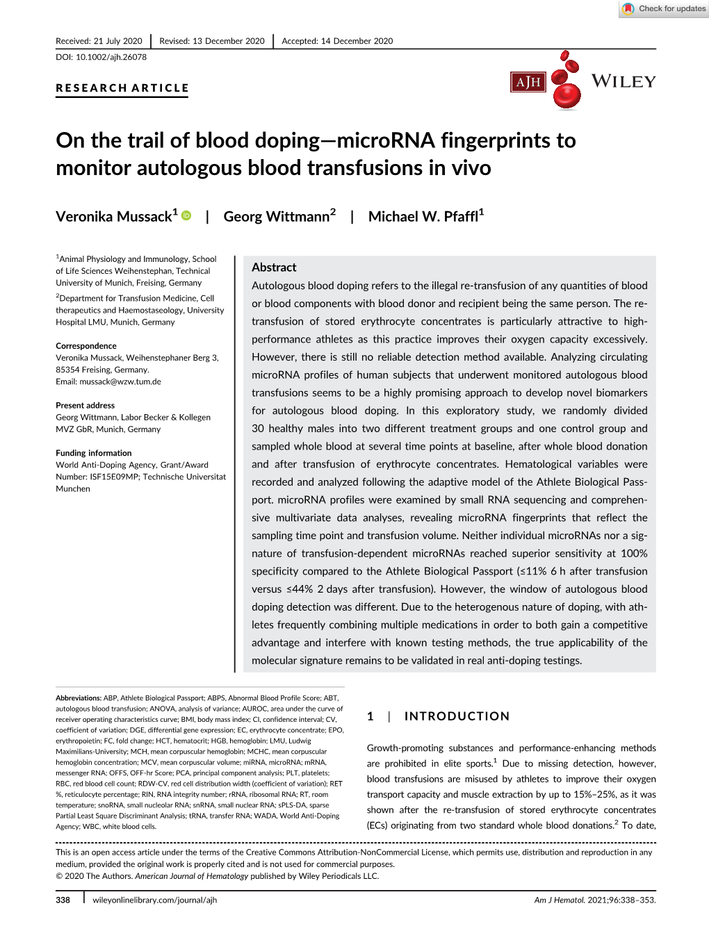 On the Trail of Blood Doping—Microrna Fingerprints to Monitor Autologous Blood Transfusions in Vivo