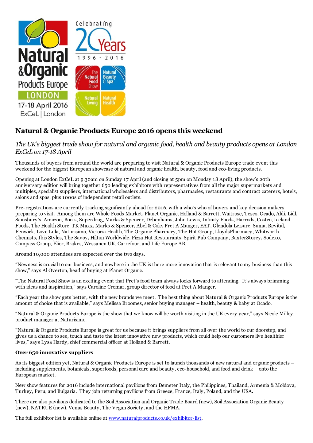 Natural & Organic Products Europe 2016 Opens This Weekend