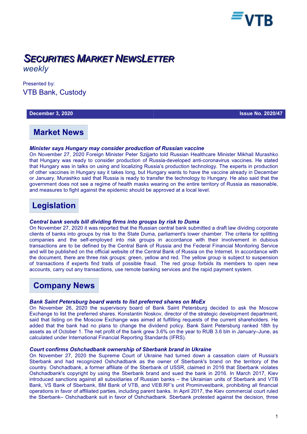 Market News Legislation Company News SECURITIES