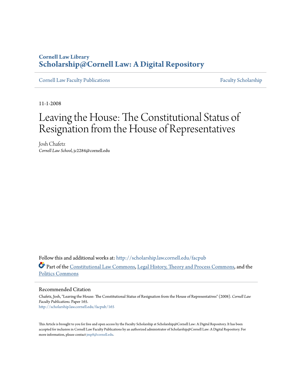 Leaving the House: the Constitutional Status of Resignation from the House of Representatives