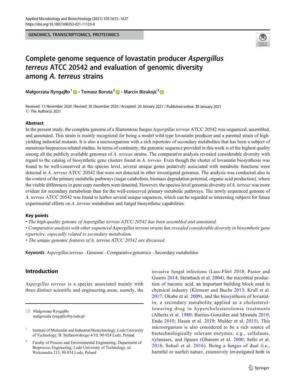 Aspergillus Terreus ATCC 20542 and Evaluation of Genomic Diversity Among A