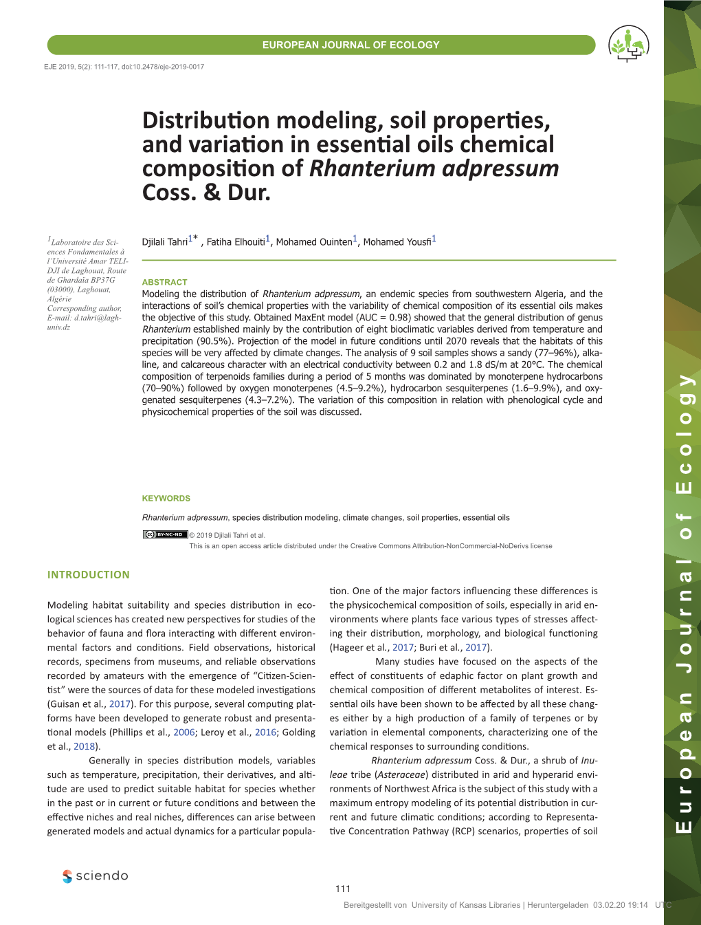 Distribution Modeling, Soil Properties, and Variation in Essential Oils Chemical Composition Ofrhanterium Adpressum Coss