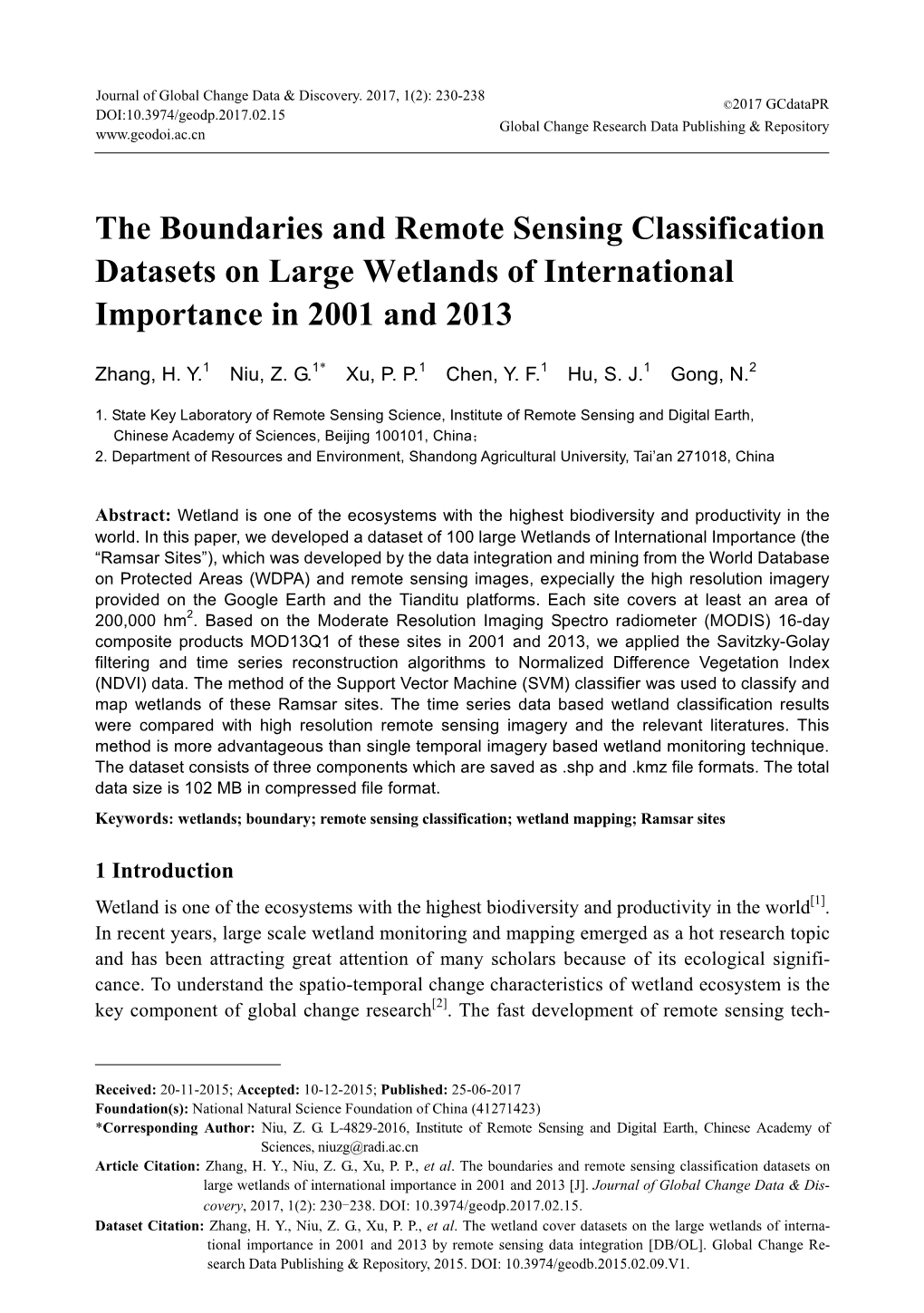 The Boundaries and Remote Sensing Classification Datasets on Large Wetlands of International Importance in 2001 and 2013