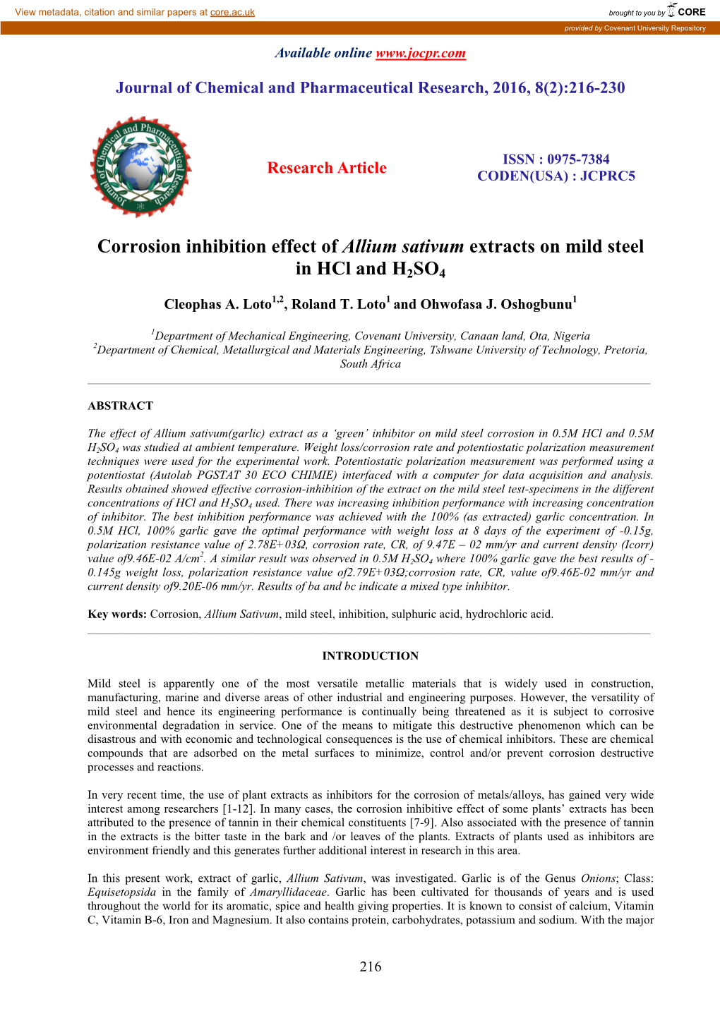 Corrosion Inhibition Effect of Allium Sativum Extracts on Mild Steel in Hcl and H 2SO 4