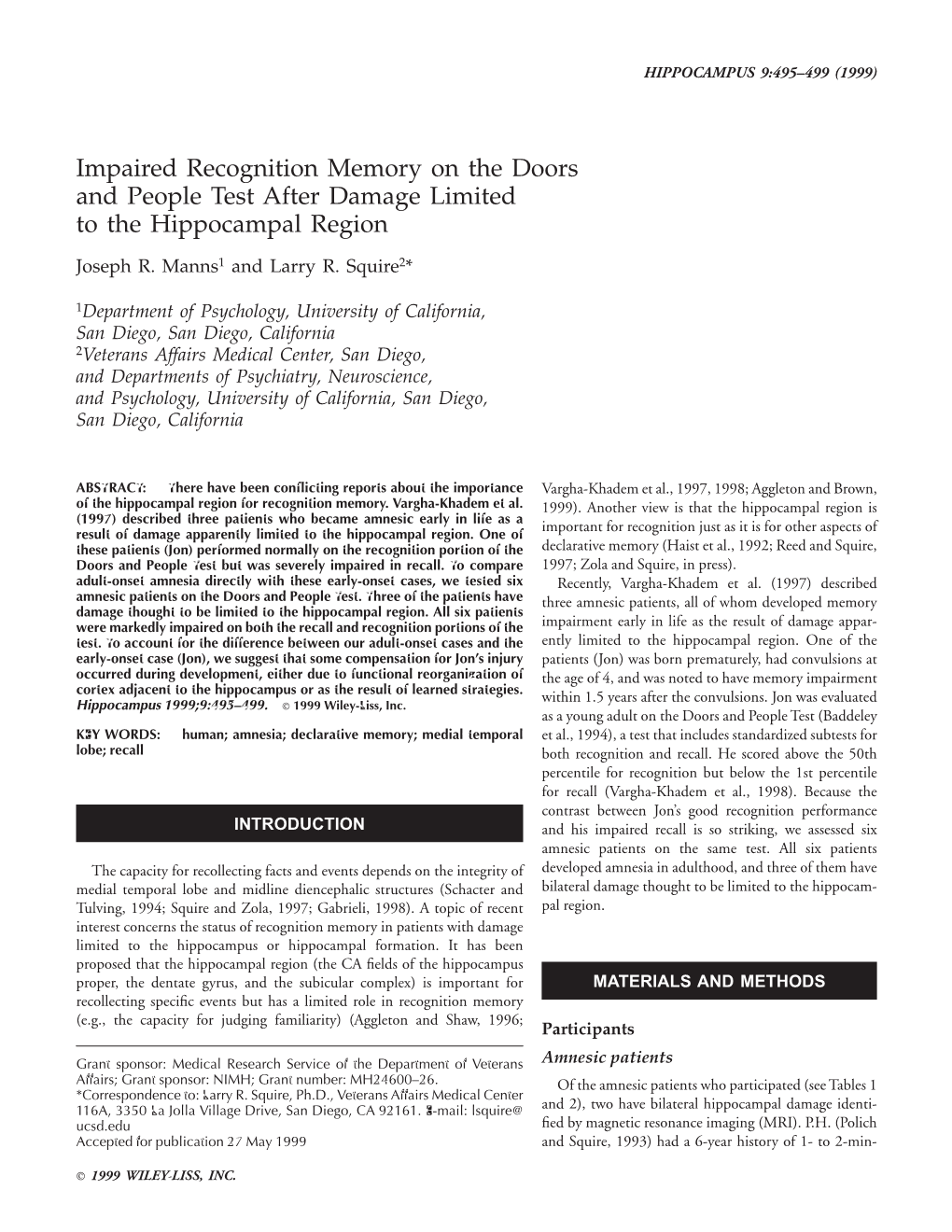 Impaired Recognition Memory on the Doors and People Test After Damage Limited to the Hippocampal Region