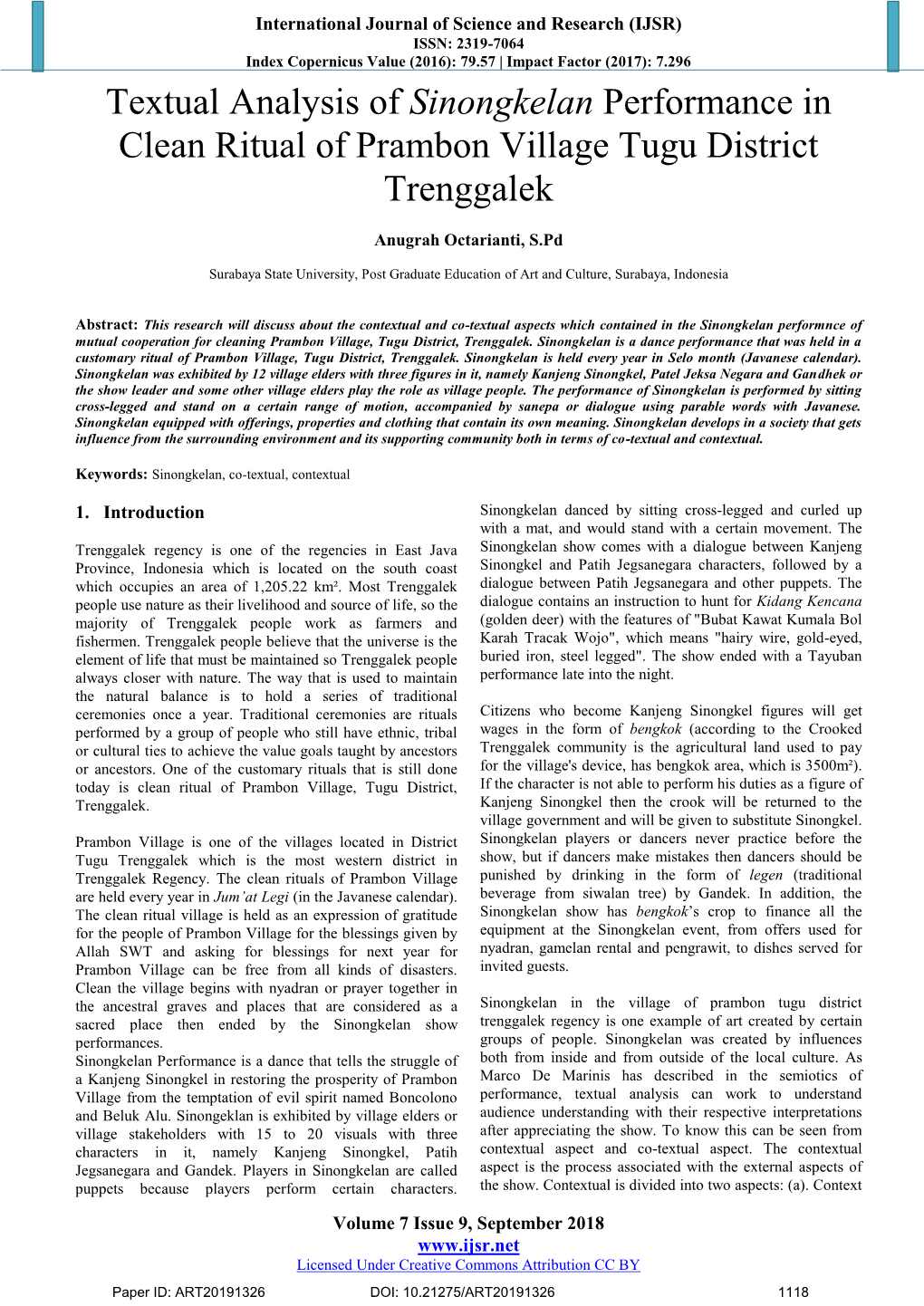 Textual Analysis of Sinongkelan Performance in Clean Ritual of Prambon Village Tugu District Trenggalek