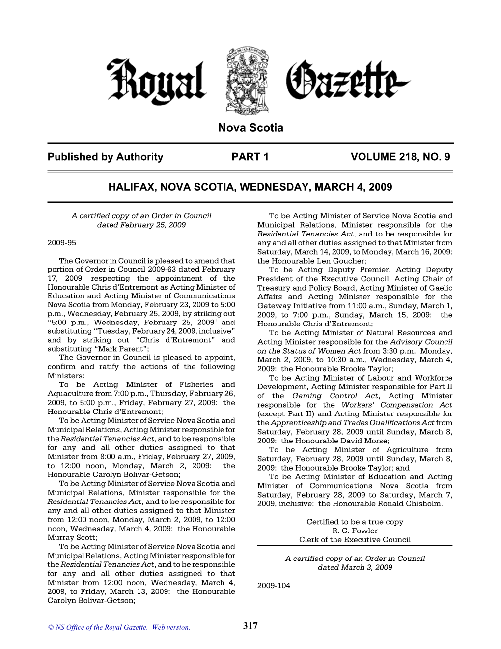 NS Royal Gazette Part I