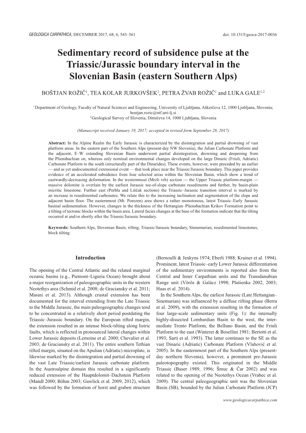 Sedimentary Record of Subsidence Pulse at the Triassic/Jurassic Boundary Interval in the Slovenian Basin (Eastern Southern Alps)