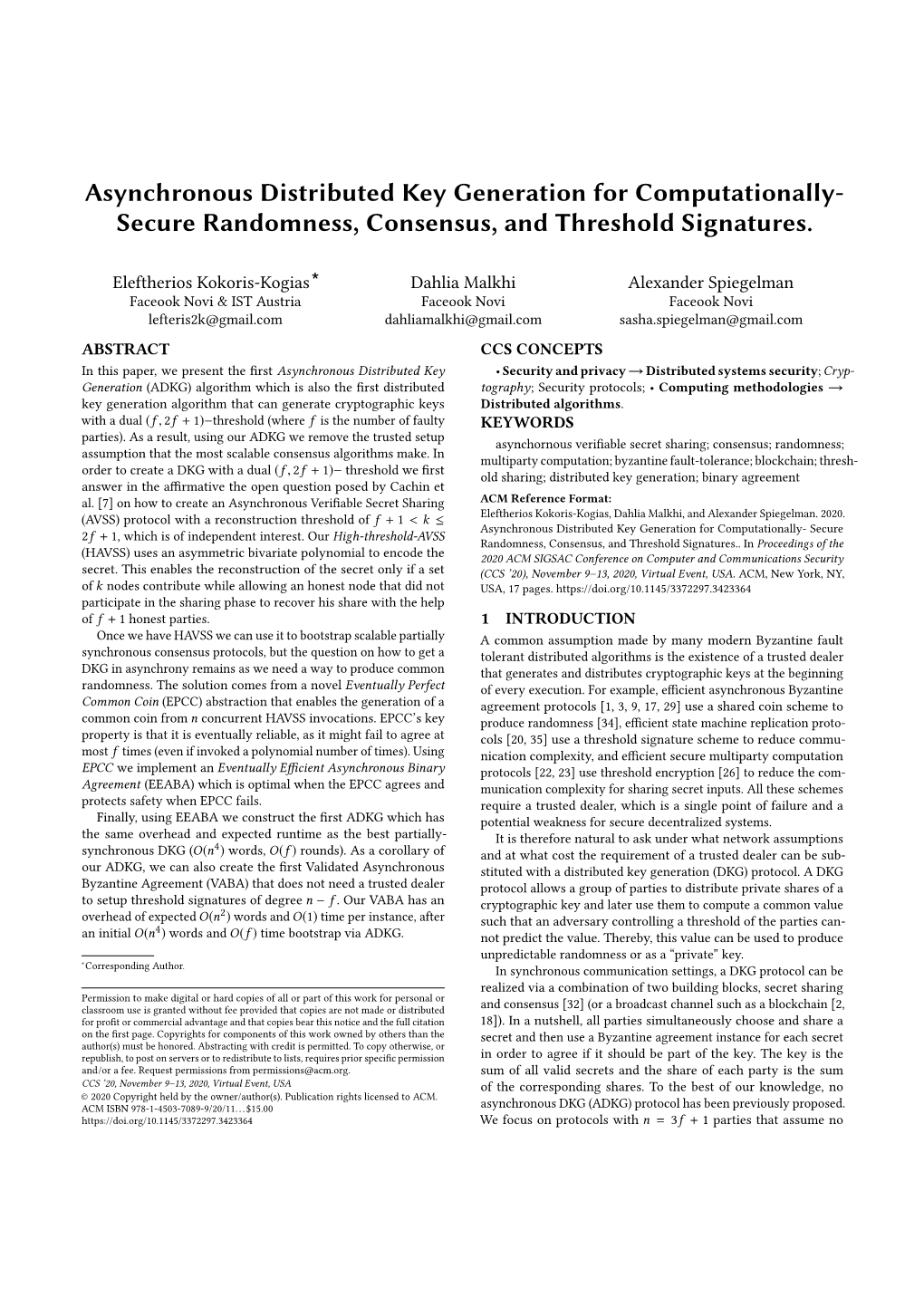 Asynchronous Distributed Key Generation for Computationally- Secure Randomness, Consensus, and Threshold Signatures