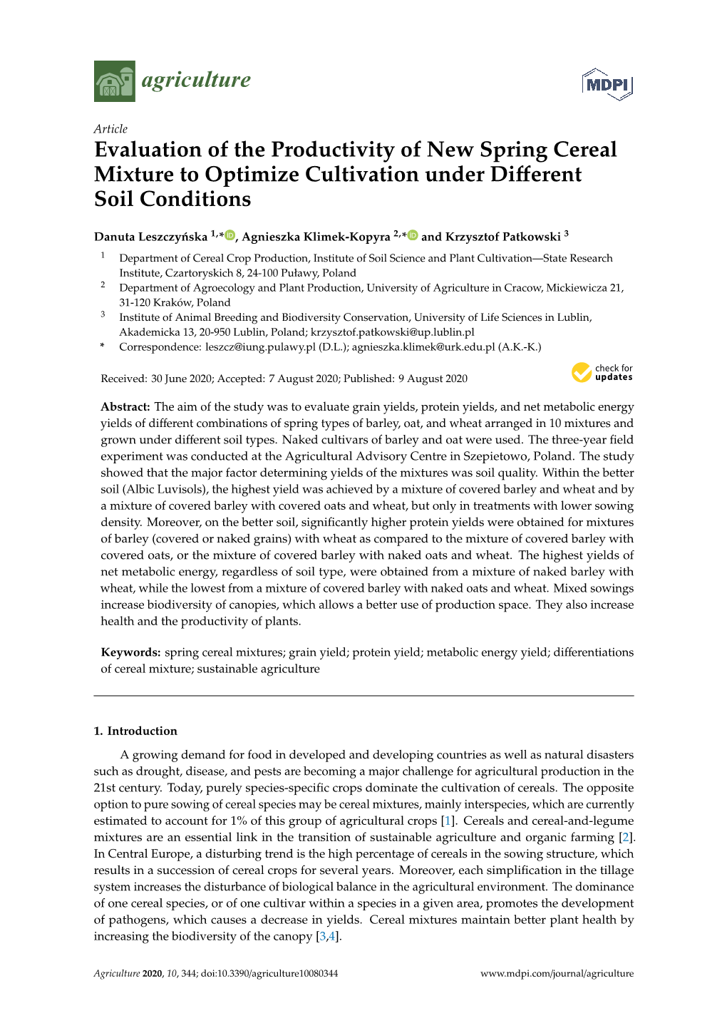 Evaluation of the Productivity of New Spring Cereal Mixture to Optimize Cultivation Under Diﬀerent Soil Conditions