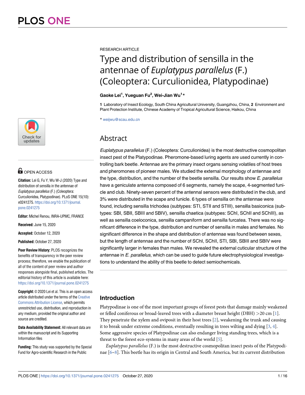 Type and Distribution of Sensilla in the Antennae of Euplatypus Parallelus (F.) (Coleoptera: Curculionidea, Platypodinae)