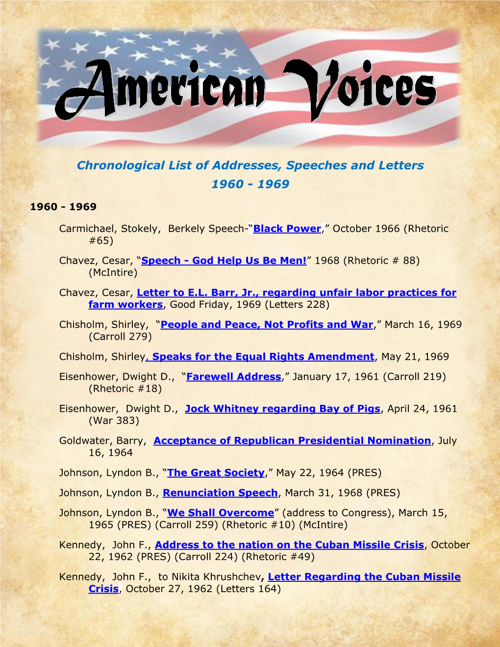 Chronological List of Addresses, Speeches and Letters 1960 - 1969