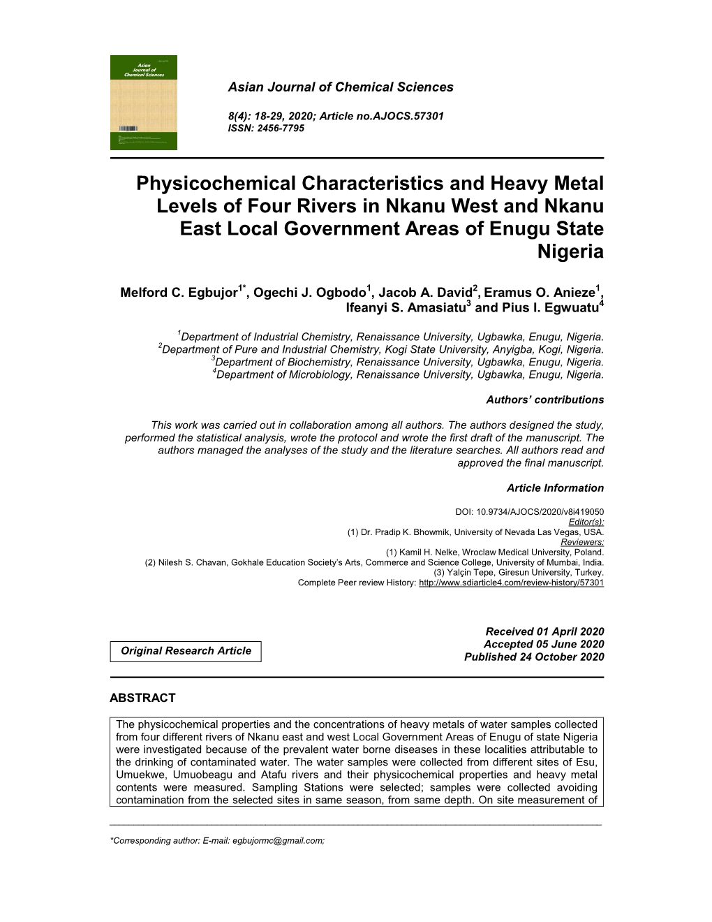 Physicochemical Characteristics and Heavy Metal Levels of Four Rivers in Nkanu West and Nkanu East Local Government Areas of Enugu State Nigeria