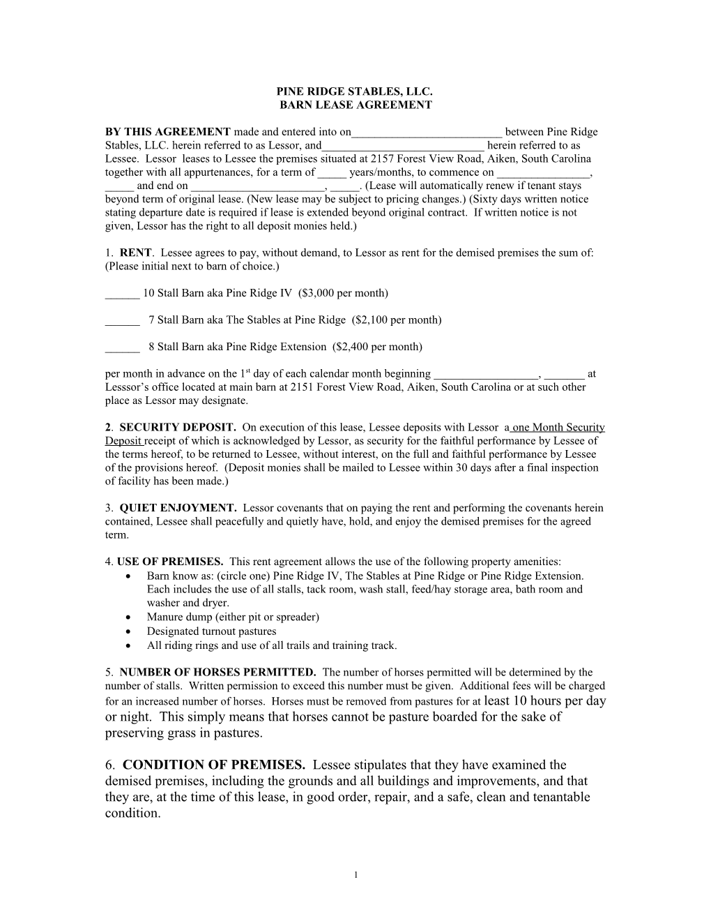 Barn Lease Agreement