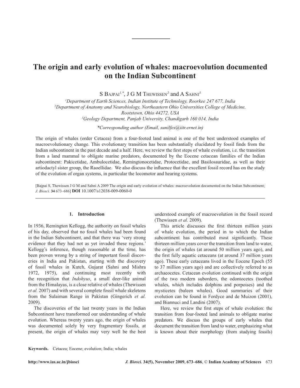 The Origin and Early Evolution of Whales: Macroevolution Documented on the Indian Subcontinent 673