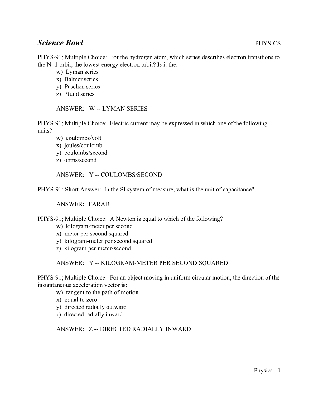 Science Bowl Questions/Answers for Physics