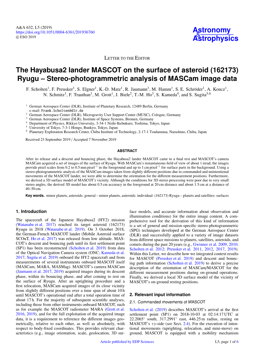 The Hayabusa2 Lander MASCOT on the Surface of Asteroid (162173) Ryugu – Stereo-Photogrammetric Analysis of Mascam Image Data F