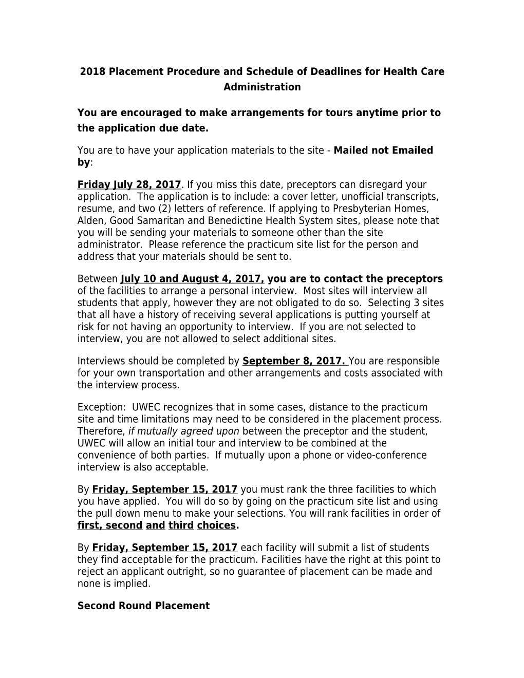 2018 Placement Procedure and Schedule of Deadlines for Health Care Administration