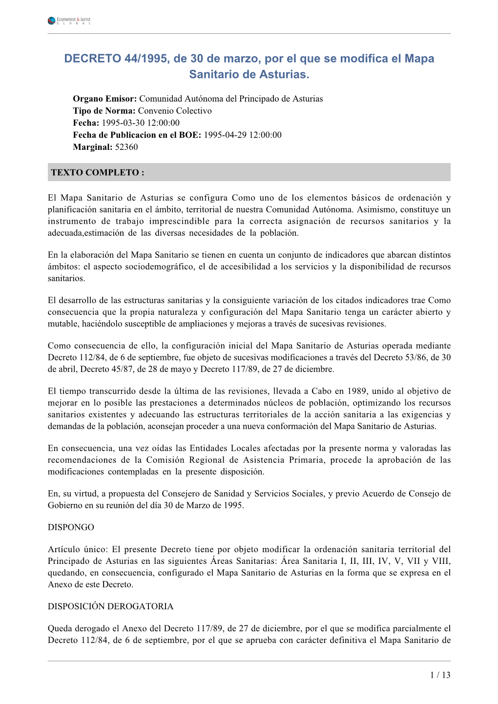 DECRETO 44/1995, De 30 De Marzo, Por El Que Se Modifica El Mapa Sanitario De Asturias