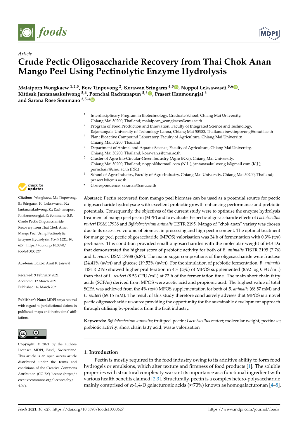 Crude Pectic Oligosaccharide Recovery from Thai Chok Anan Mango Peel Using Pectinolytic Enzyme Hydrolysis