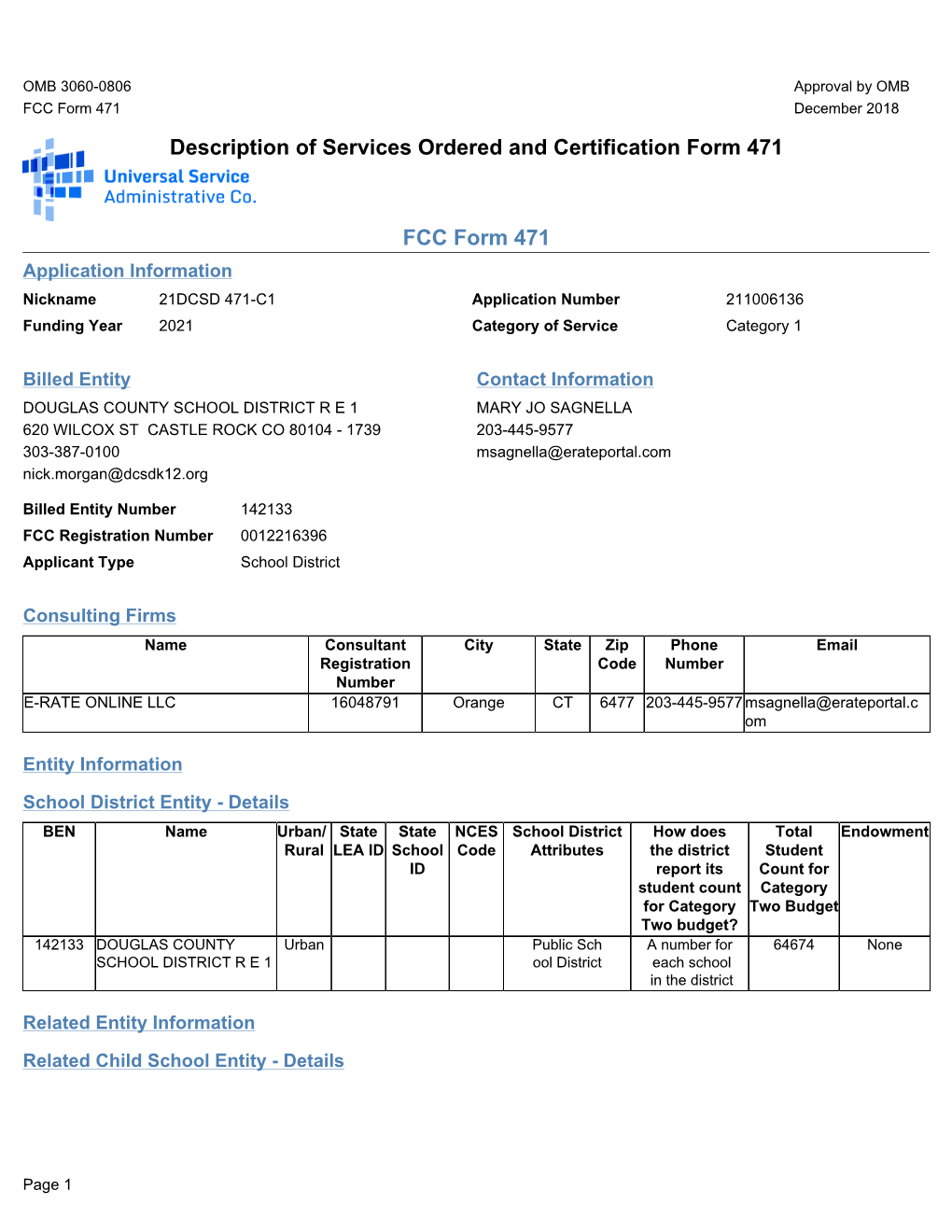 Description of Services Ordered and Certification Form 471 FCC