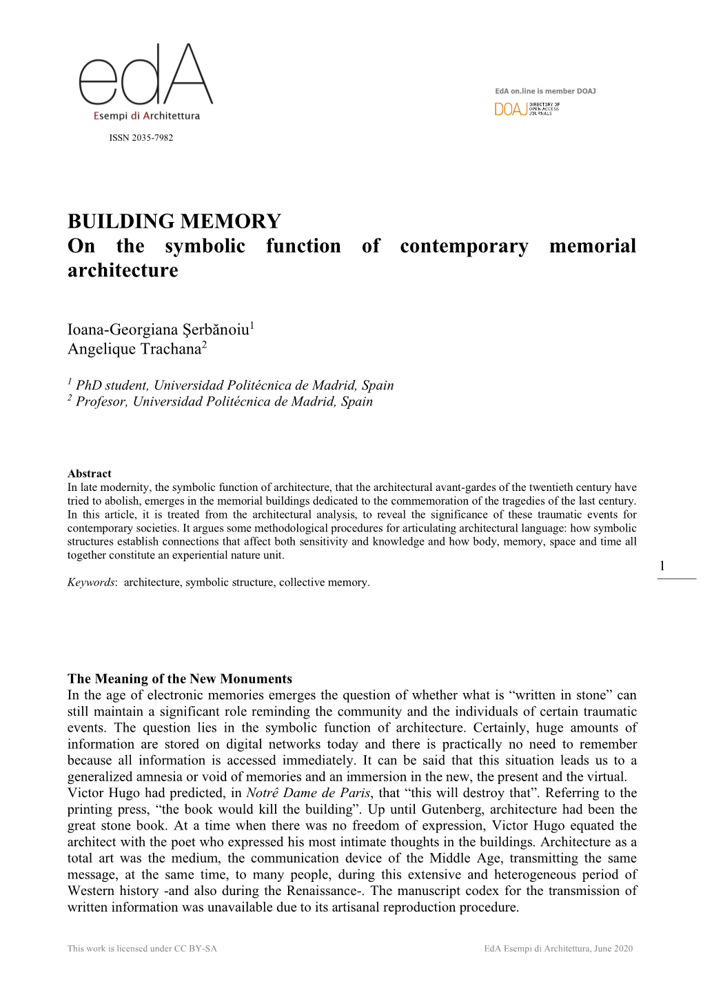 BUILDING MEMORY on the Symbolic Function of Contemporary Memorial Architecture
