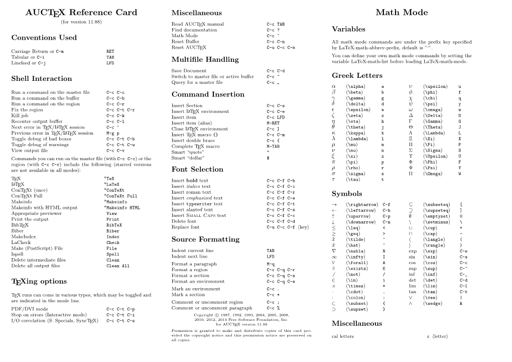 AUCTEX Reference Card Math Mode