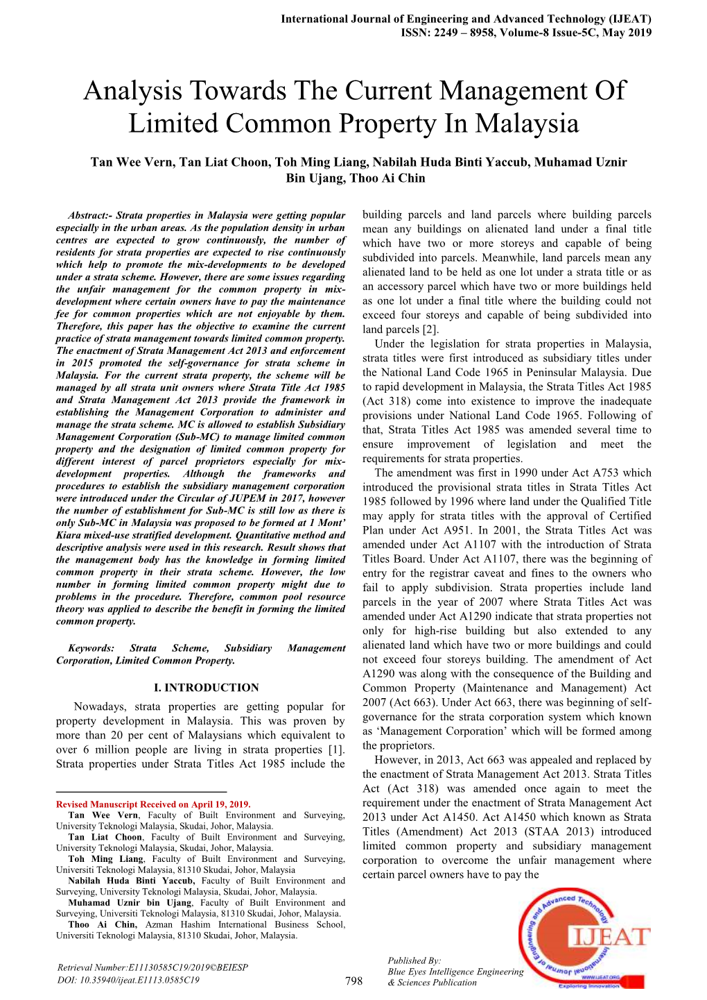 Analysis Towards the Current Management of Limited Common Property in Malaysia