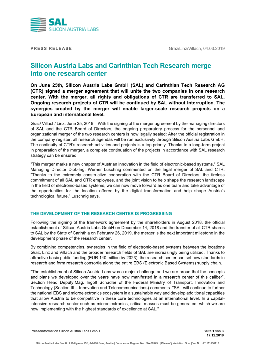 Silicon Austria Labs and Carinthian Tech Research Merge Into One Research Center